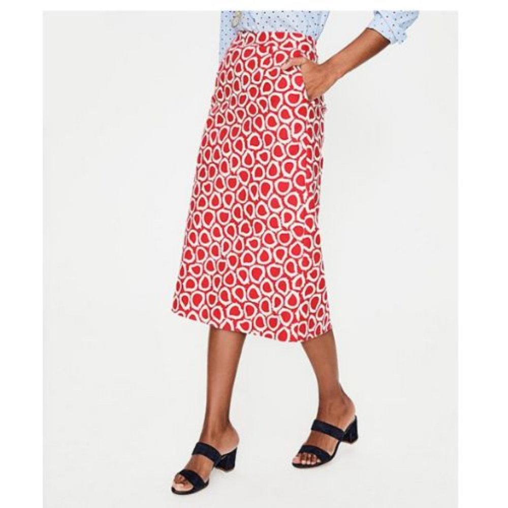 Boden Red and White Printed Midi Skirt